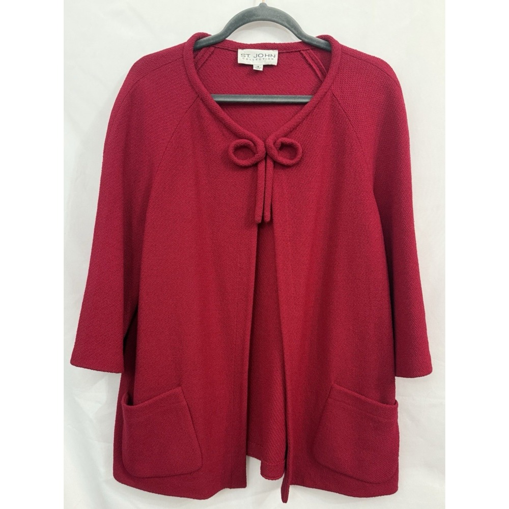 St. John Collection Dark Red Bow Cardigan Sweater 3/4 Sleeve Womens Size 12